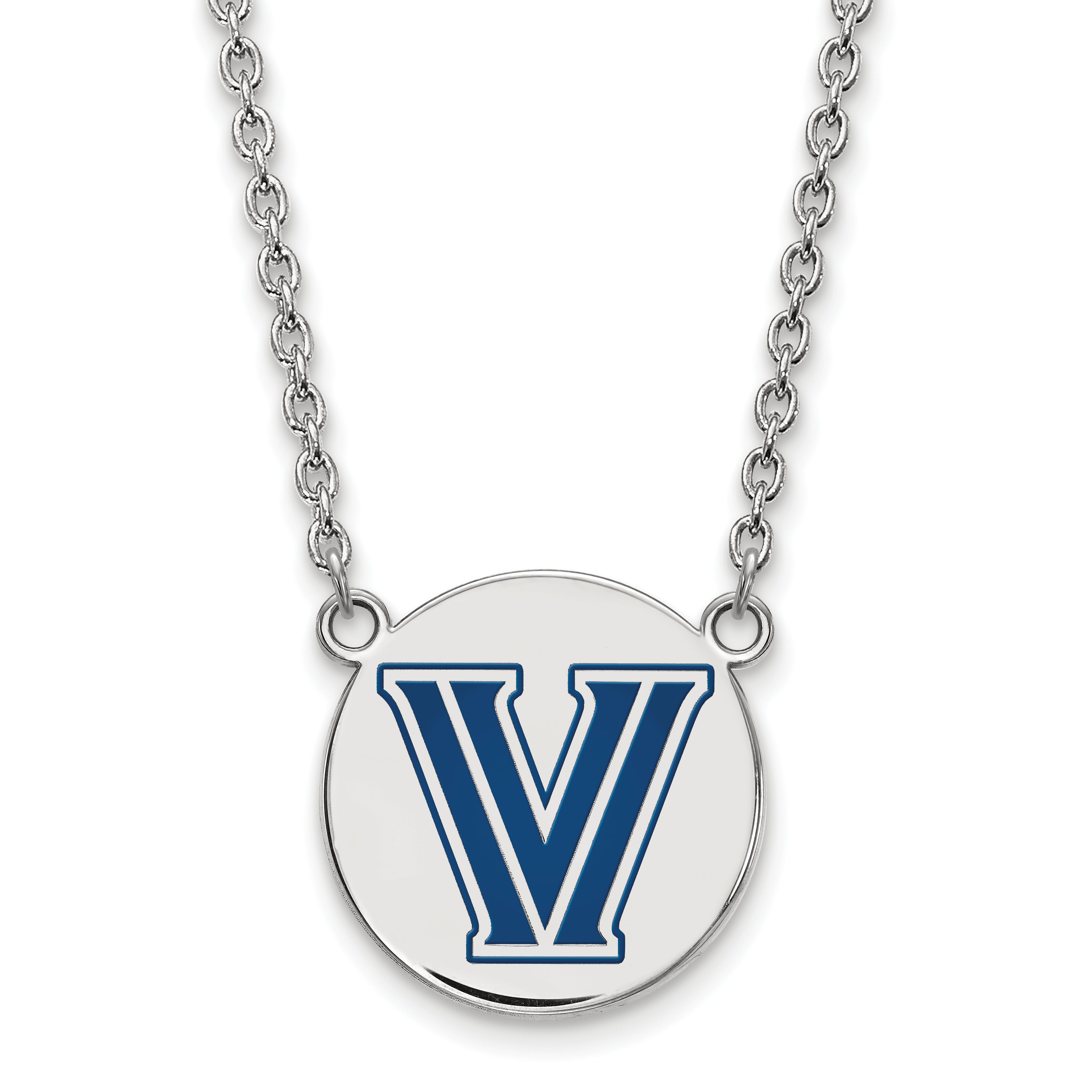 Sterling Silver Rhodium Plated Logoart Villanova University Letter V Large Enameled Disc Pendant 18 Inch Necklace