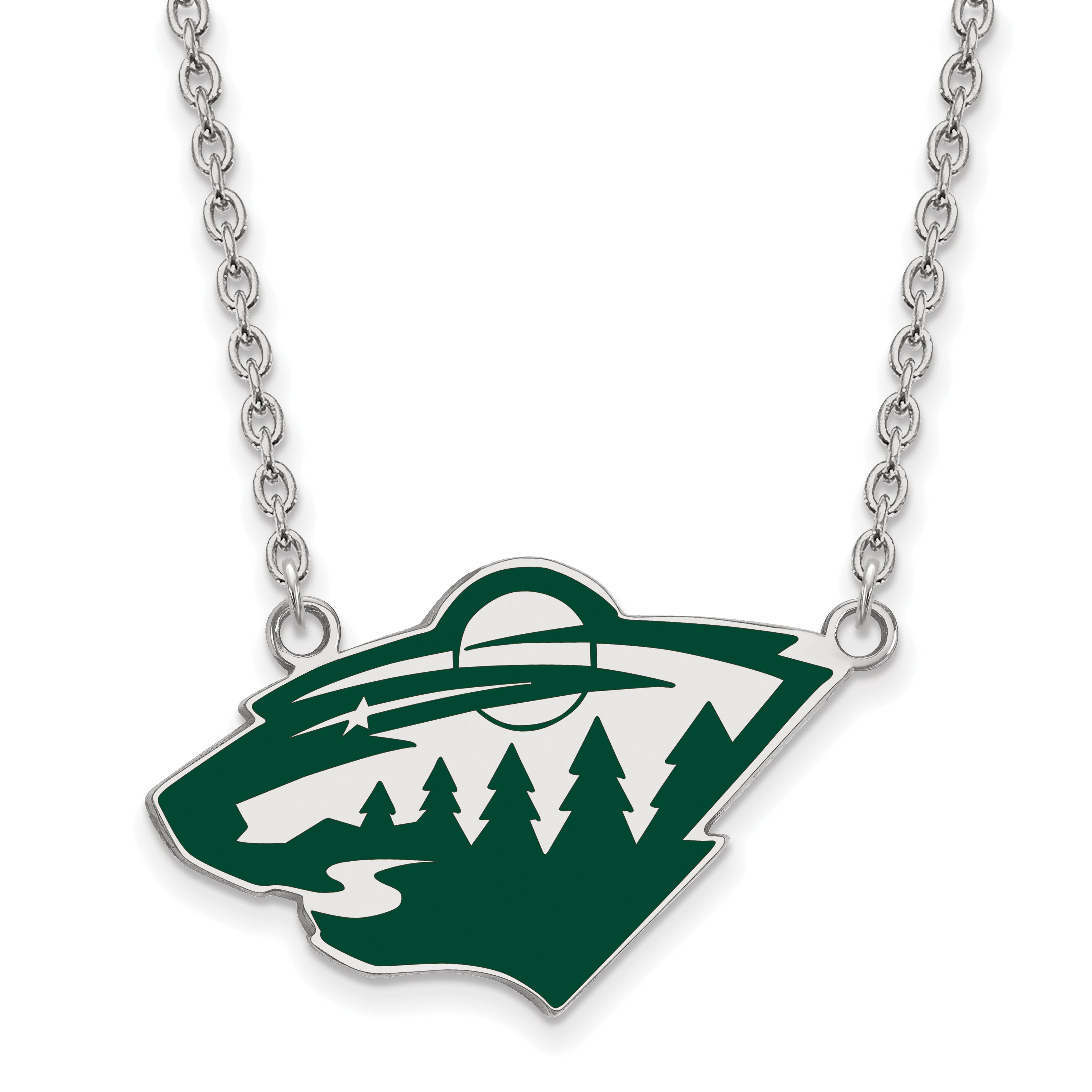 Sterling Silver Rhodium Plated Nhl Logoart Minnesota Wild Large Enameled Pendant 18 Inch Necklace