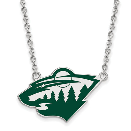Sterling Silver Rhodium Plated Nhl Logoart Minnesota Wild Large Enameled Pendant 18 Inch Necklace