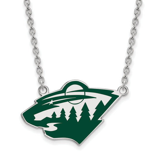 Sterling Silver Rhodium Plated Nhl Logoart Minnesota Wild Large Enameled Pendant 18 Inch Necklace