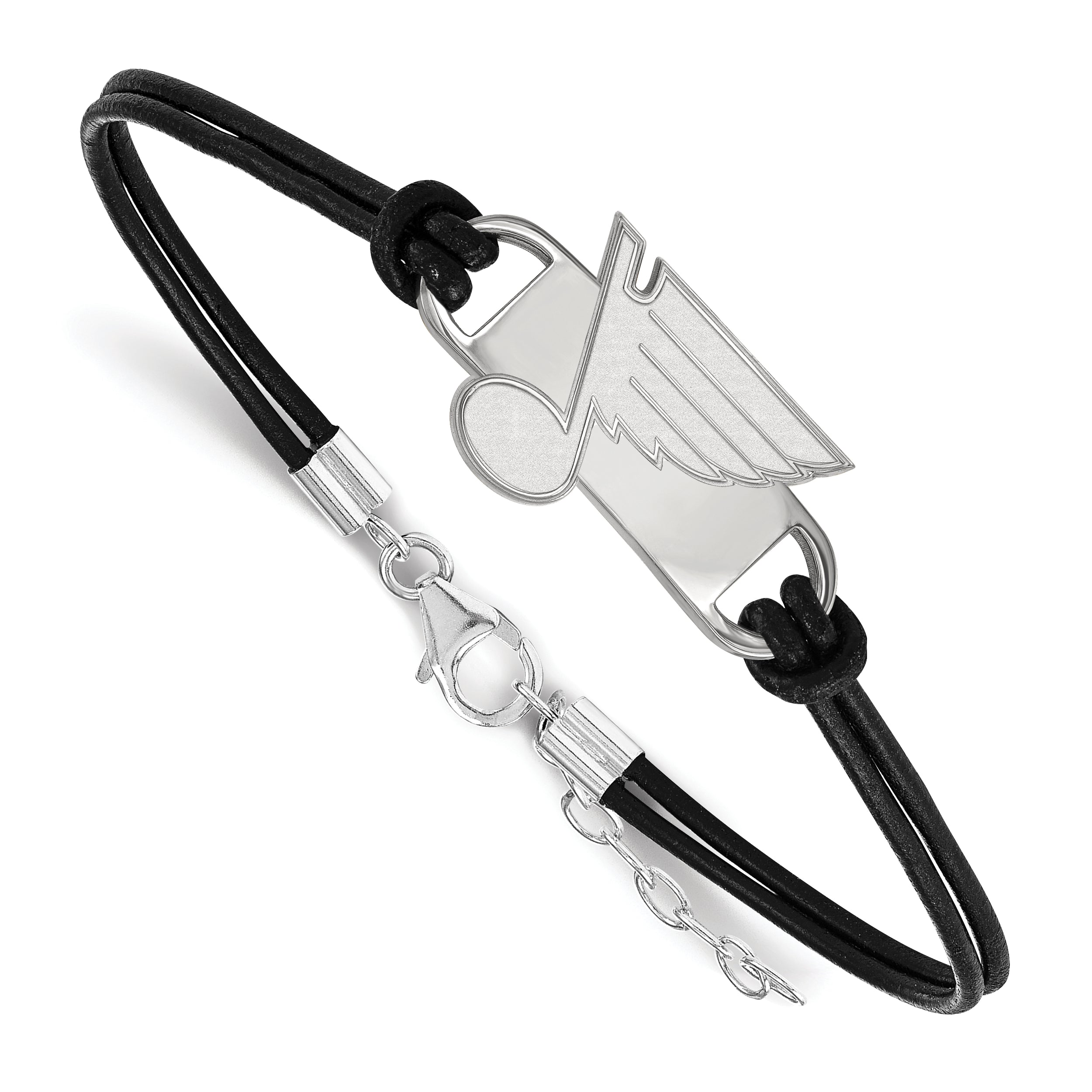 Sterling Silver Rhodium Plated Nhl Logoart St. Louis Blues Small Center Black Leather 7 Inch Bracelet With Extender