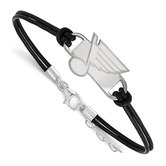 Sterling Silver Rhodium Plated Nhl Logoart St. Louis Blues Small Center Black Leather 7 Inch Bracelet With Extender