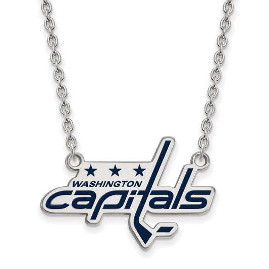 Sterling Silver Rhodium Plated Nhl Logoart Washington Capitals Large Enameled Pendant 18 Inch Necklace