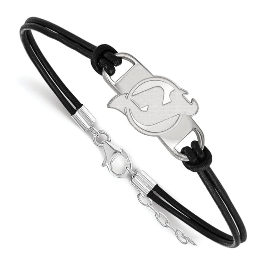 Sterling Silver Rhodium Plated Nhl Logoart New Jersey Devils Small Center Black Leather 7 Inch Bracelet With Extender