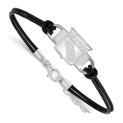Sterling Silver Rhodium Plated Nhl Logoart New York Rangers Small Center Black Leather 7 Inch Bracelet With Extender