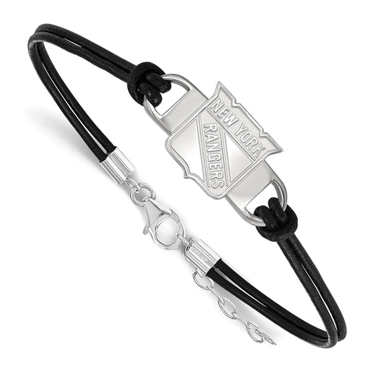 Sterling Silver Rhodium Plated Nhl Logoart New York Rangers Small Center Black Leather 7 Inch Bracelet With Extender