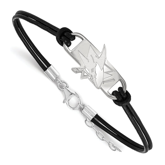 Sterling Silver Rhodium Plated Nhl Logoart San Jose Sharks Small Center Black Leather 7 Inch Bracelet With Extender
