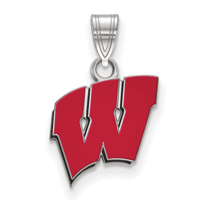 Sterling Silver Rhodium Plated Logoart University Of Wisconsin Letter W Small Enameled Pendant
