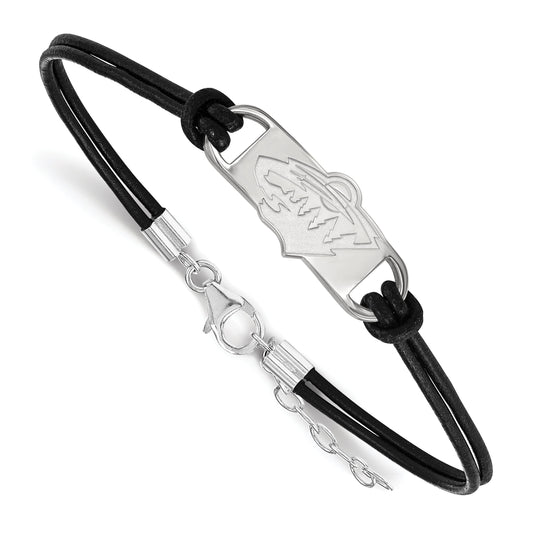 Sterling Silver Rhodium Plated Nhl Logoart Minnesota Wild Small Center Black Leather 7 Inch Bracelet With Extender