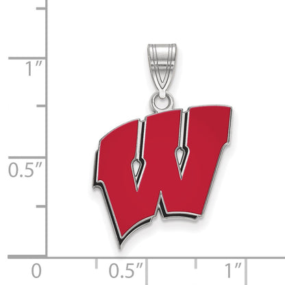 Sterling Silver Rhodium Plated Logoart University Of Wisconsin Letter W Large Enameled Pendant
