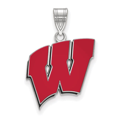 Sterling Silver Rhodium Plated Logoart University Of Wisconsin Letter W Large Enameled Pendant