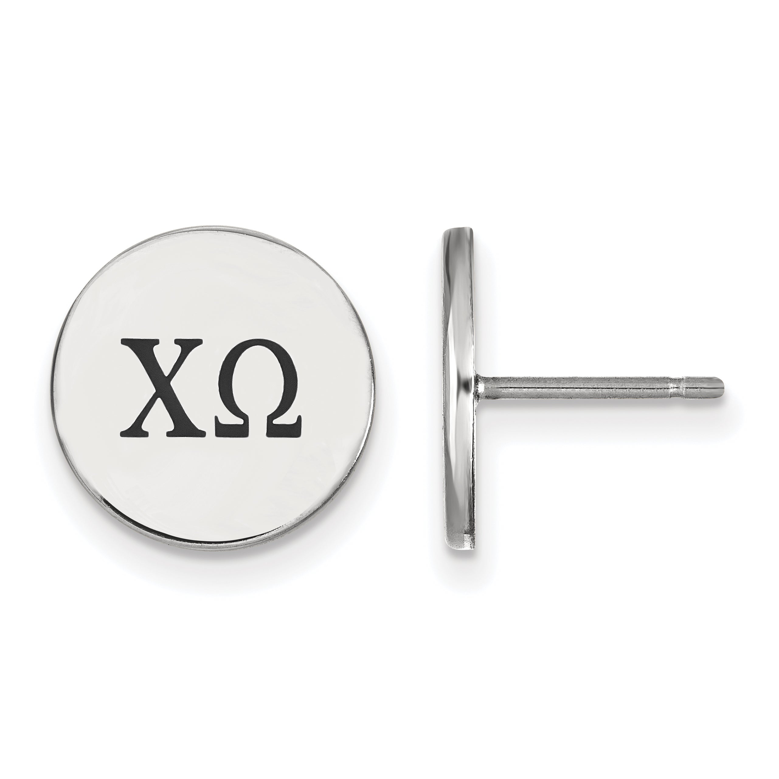 Sterling Silver Rhodium Plated Logoart Chi Omega Sorority Greek Letters Black Enamel Post Earrings