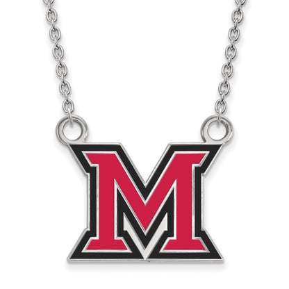 Sterling Silver Rhodium Plated Logoart Miami University Ohio Letter M Large Enameled Pendant 18 Inch Necklace