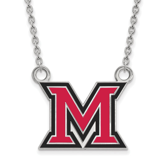Sterling Silver Rhodium Plated Logoart Miami University Ohio Letter M Large Enameled Pendant 18 Inch Necklace