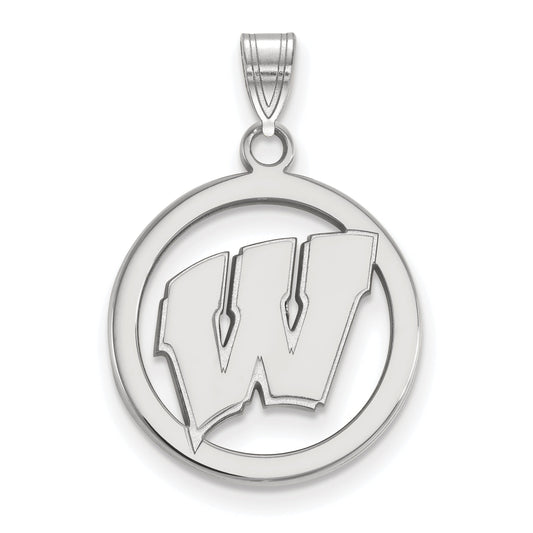 Sterling Silver Rhodium Plated Logoart University Of Wisconsin Letter W Medium Circle Pendant