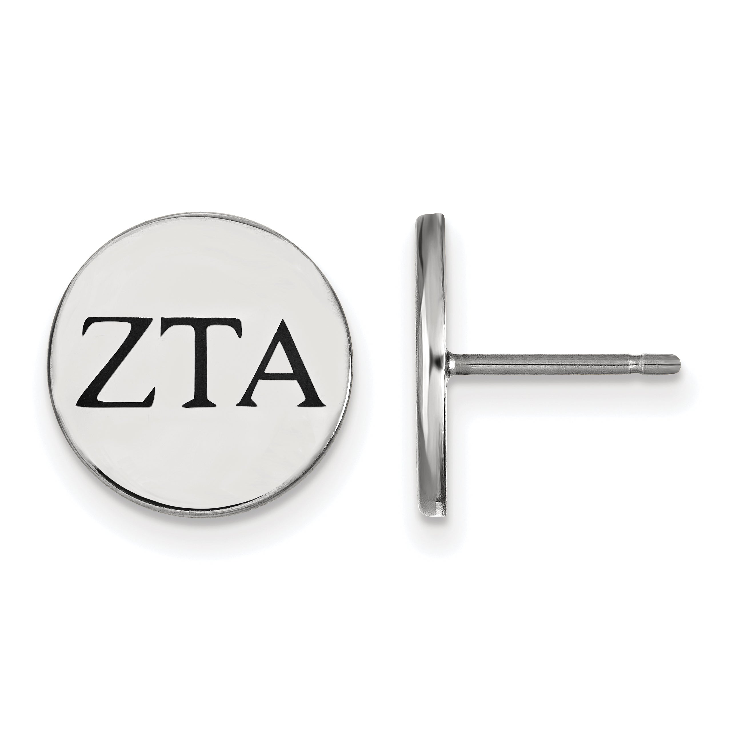 Sterling Silver Rhodium Plated Logoart Zeta Tau Alpha Sorority Greek Letters Black Enamel Post Earrings