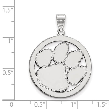 Sterling Silver Rhodium Plated Logoart Clemson University Tiger Paw Extra Large Circle Pendant