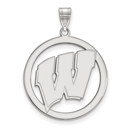 Sterling Silver Rhodium Plated Logoart University Of Wisconsin Letter W Extra Large Circle Pendant