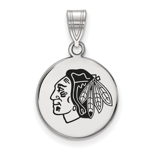 Sterling Silver Rhodium Plated Nhl Logoart Chicago Blackhawks Medium Enameled Disc Pendant