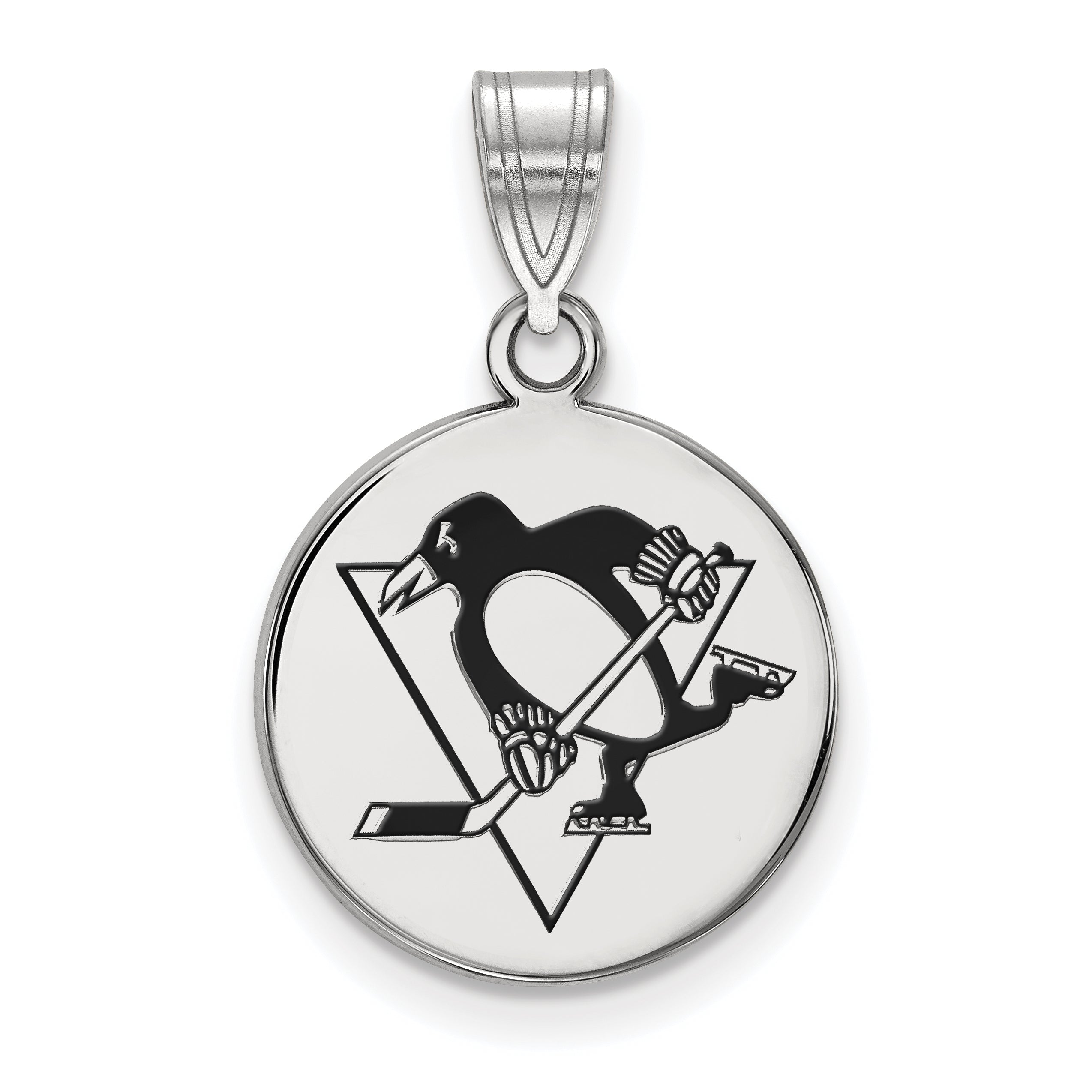 Sterling Silver Rhodium Plated Nhl Logoart Pittsburgh Penguins Medium Enameled Disc Pendant