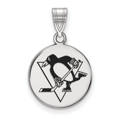 Sterling Silver Rhodium Plated Nhl Logoart Pittsburgh Penguins Medium Enameled Disc Pendant