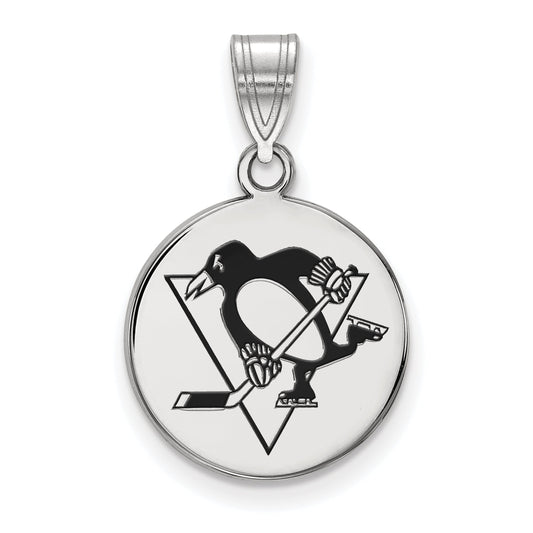 Sterling Silver Rhodium Plated Nhl Logoart Pittsburgh Penguins Medium Enameled Disc Pendant