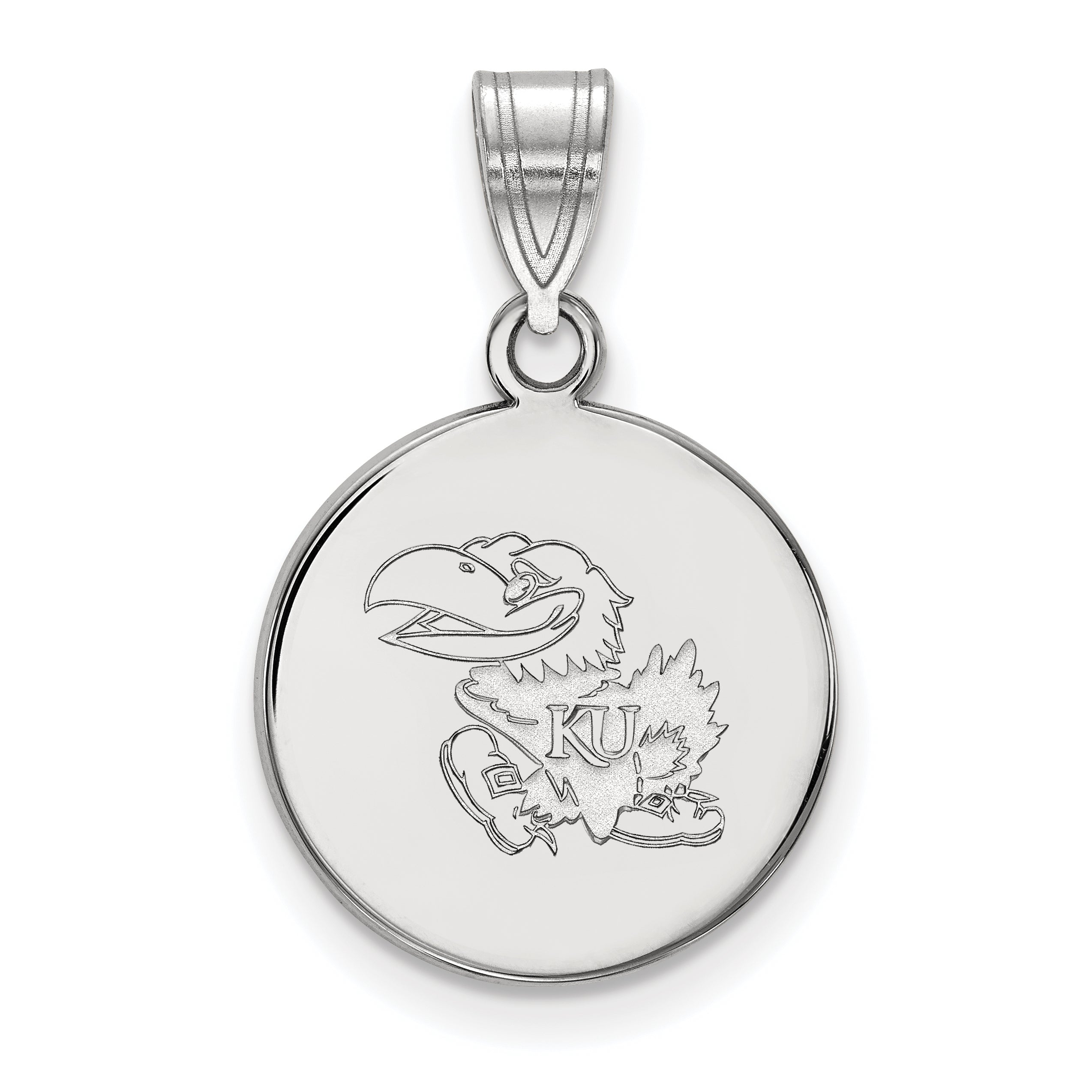 Sterling Silver Rhodium Plated Logoart University Of Kansas Jayhawk Medium Disc Pendant