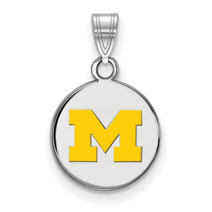Sterling Silver Rhodium Plated Logoart University Of Michigan Letter M Small Yellow Enameled Disc Pendant