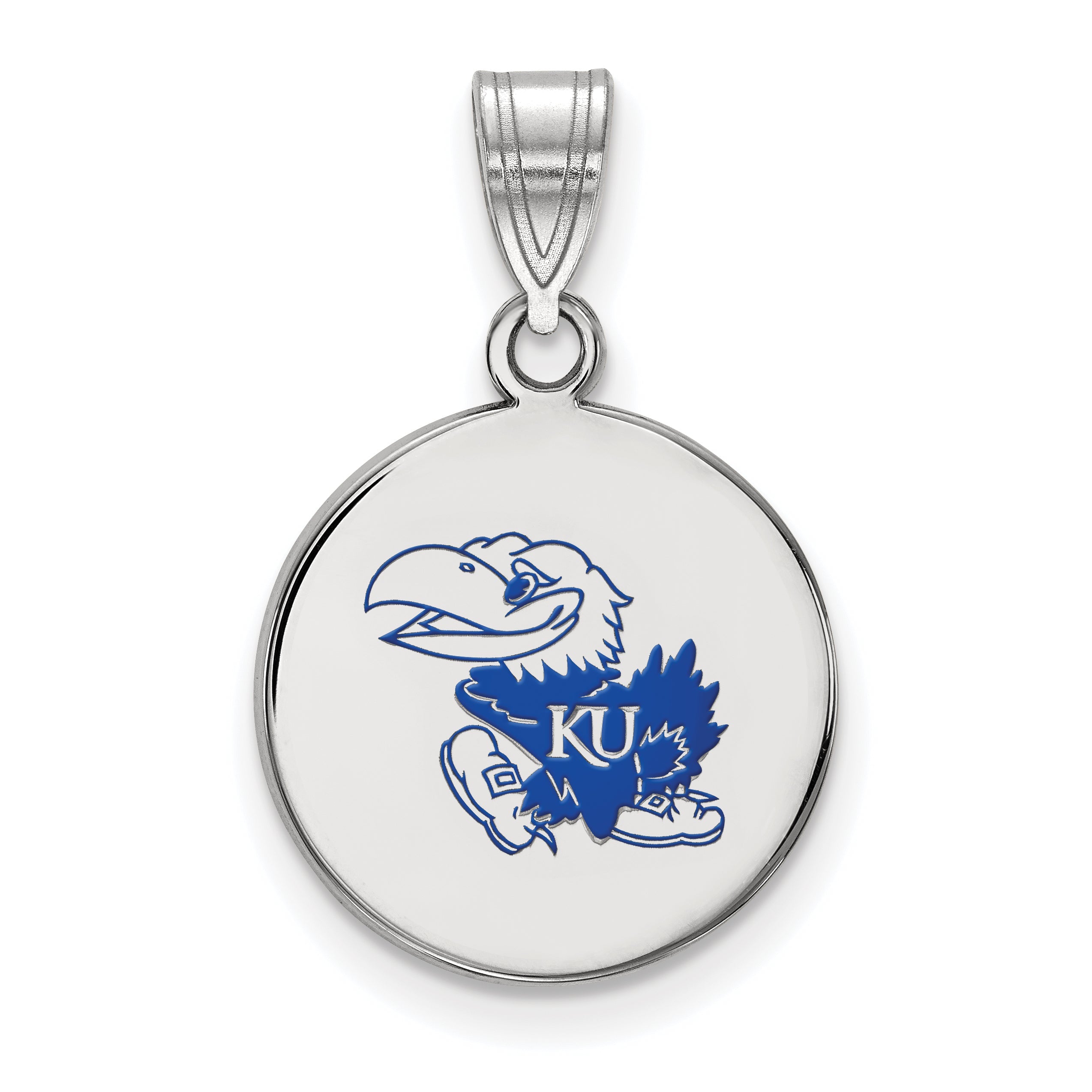 Sterling Silver Rhodium Plated Logoart University Of Kansas Jayhawk Medium Enameled Disc Pendant