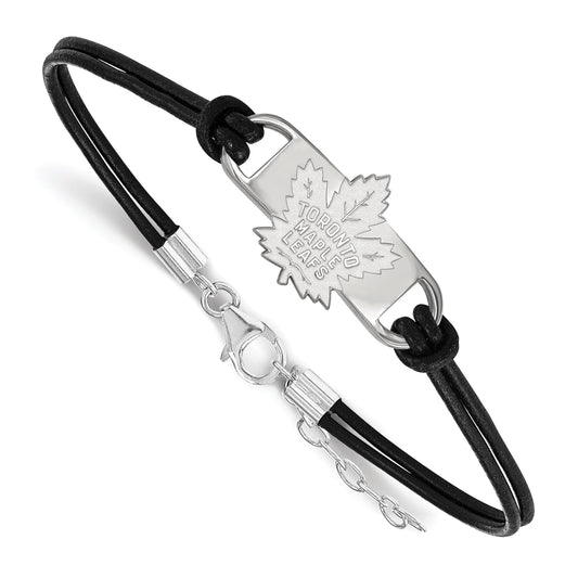 Sterling Silver Rhodium Plated Nhl Logoart Toronto Maple Leafs Small Center Black Leather 7 Inch Bracelet With Extender