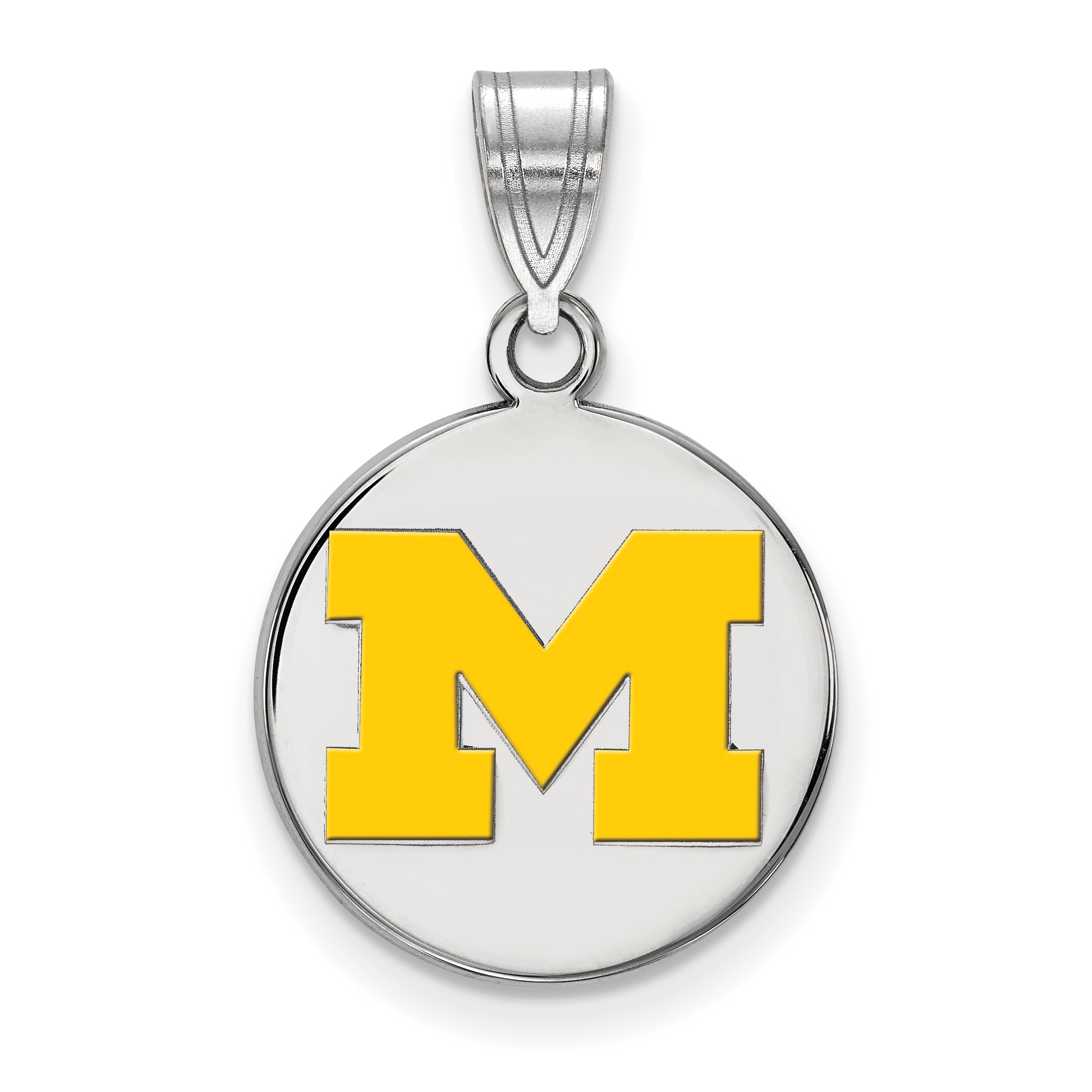 Sterling Silver Rhodium Plated Logoart University Of Michigan Letter M Medium Yellow Enameled Disc Pendant