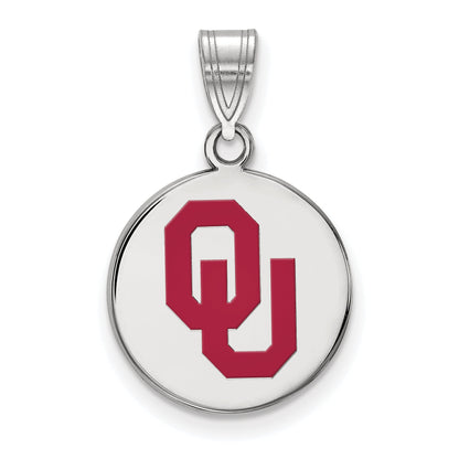 Sterling Silver Rhodium Plated Logoart University Of Oklahoma O U Medium Enameled Disc Pendant