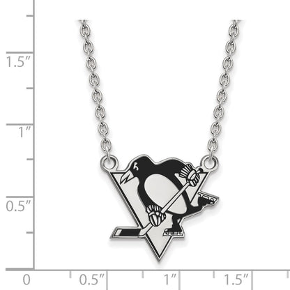 Sterling Silver Rhodium Plated Nhl Logoart Pittsburgh Penguins Large Enameled Pendant 18 Inch Necklace