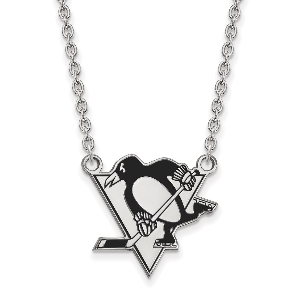 Sterling Silver Rhodium Plated Nhl Logoart Pittsburgh Penguins Large Enameled Pendant 18 Inch Necklace