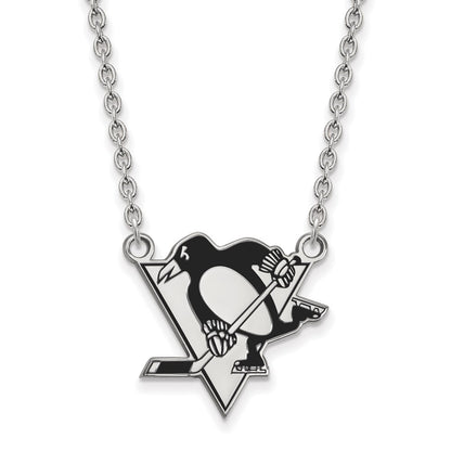 Sterling Silver Rhodium Plated Nhl Logoart Pittsburgh Penguins Large Enameled Pendant 18 Inch Necklace