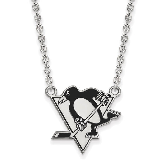 Sterling Silver Rhodium Plated Nhl Logoart Pittsburgh Penguins Large Enameled Pendant 18 Inch Necklace