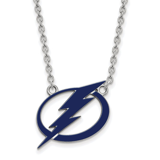 Sterling Silver Rhodium Plated Nhl Logoart Tampa Bay Lightning Large Enameled Pendant 18 Inch Necklace