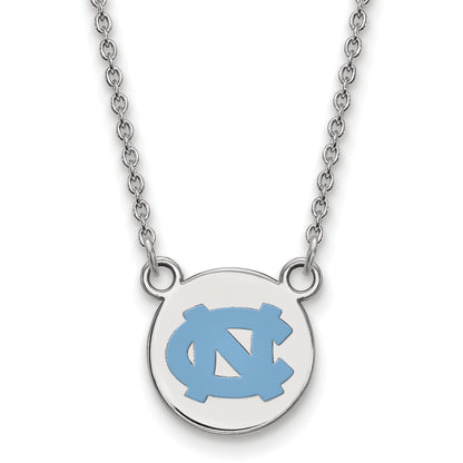 Sterling Silver Rhodium Plated Logoart University Of North Carolina Small Enameled Disc Pendant 18 Inch Necklace