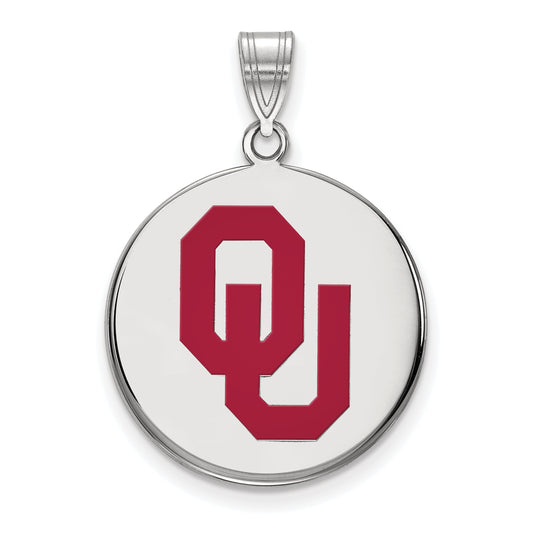 Sterling Silver Rhodium Plated Logoart University Of Oklahoma O U Large Enameled Disc Pendant
