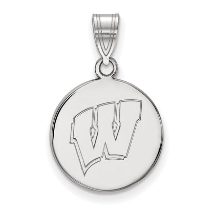 14K White Gold Logoart University Of Wisconsin Letter W Medium Disc Pendant