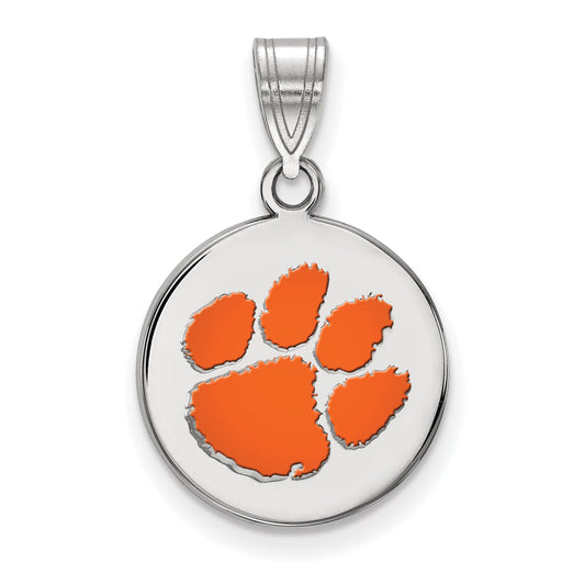 Sterling Silver Rhodium Plated Logoart Clemson University Tiger Paw Medium Enameled Disc Pendant