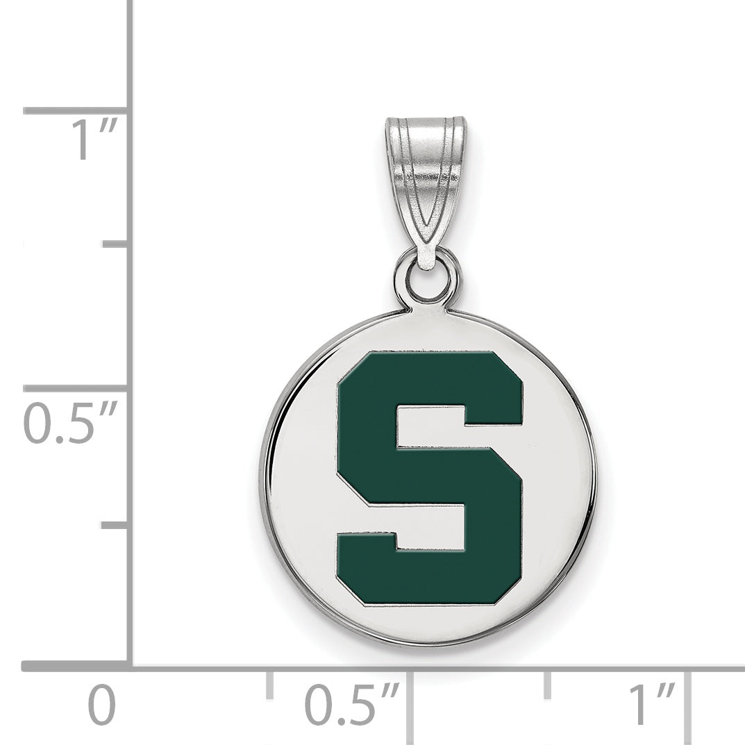 Sterling Silver Rhodium Plated Logoart Michigan State U Medium Enameled Disc Pendant