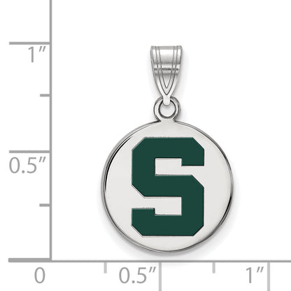 Sterling Silver Rhodium Plated Logoart Michigan State U Medium Enameled Disc Pendant
