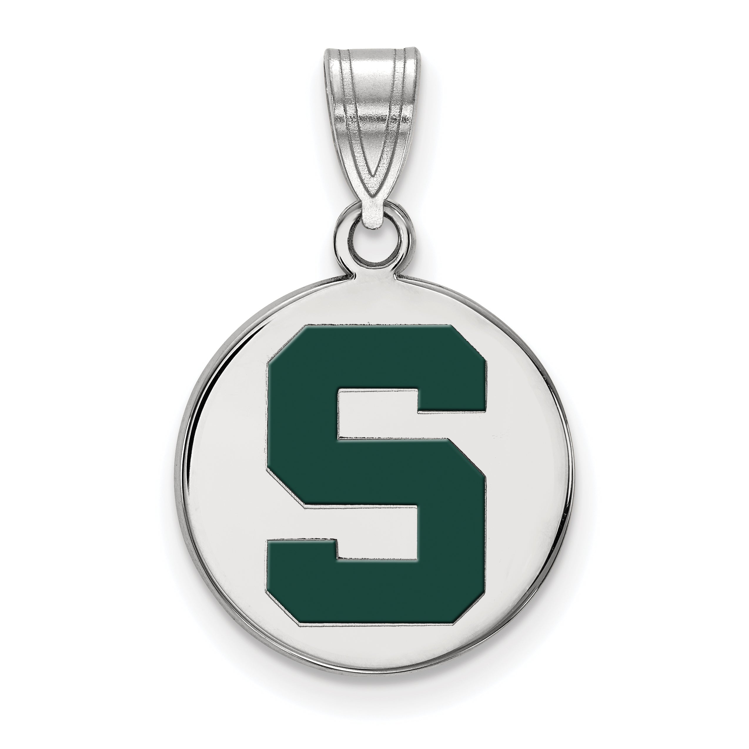 Sterling Silver Rhodium Plated Logoart Michigan State U Medium Enameled Disc Pendant