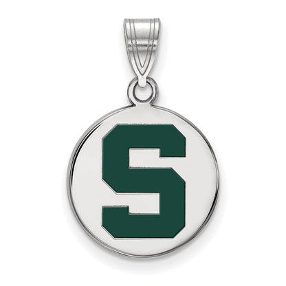Sterling Silver Rhodium Plated Logoart Michigan State U Medium Enameled Disc Pendant