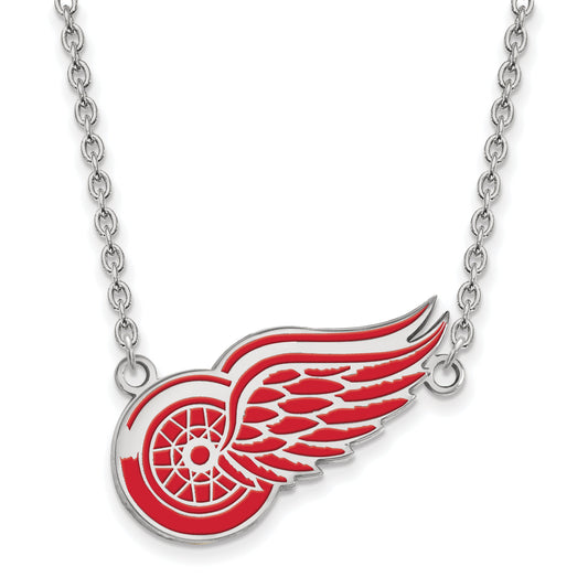 Sterling Silver Rhodium Plated Nhl Logoart Detroit Red Wings Large Enameled Pendant 18 Inch Necklace