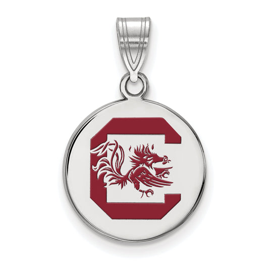 Sterling Silver Rhodium Plated Logoart University Of South Carolina Medium Enameled Disc Pendant