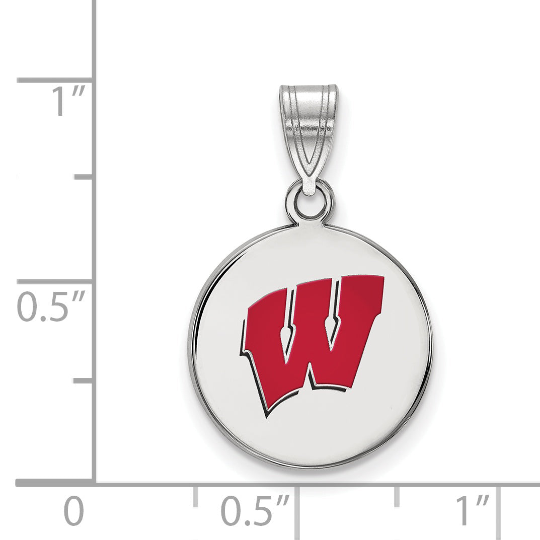 Sterling Silver Rhodium Plated Logoart University Of Wisconsin Letter W Medium Enameled Disc Pendant
