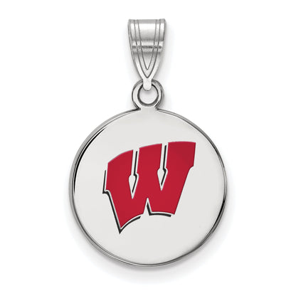 Sterling Silver Rhodium Plated Logoart University Of Wisconsin Letter W Medium Enameled Disc Pendant