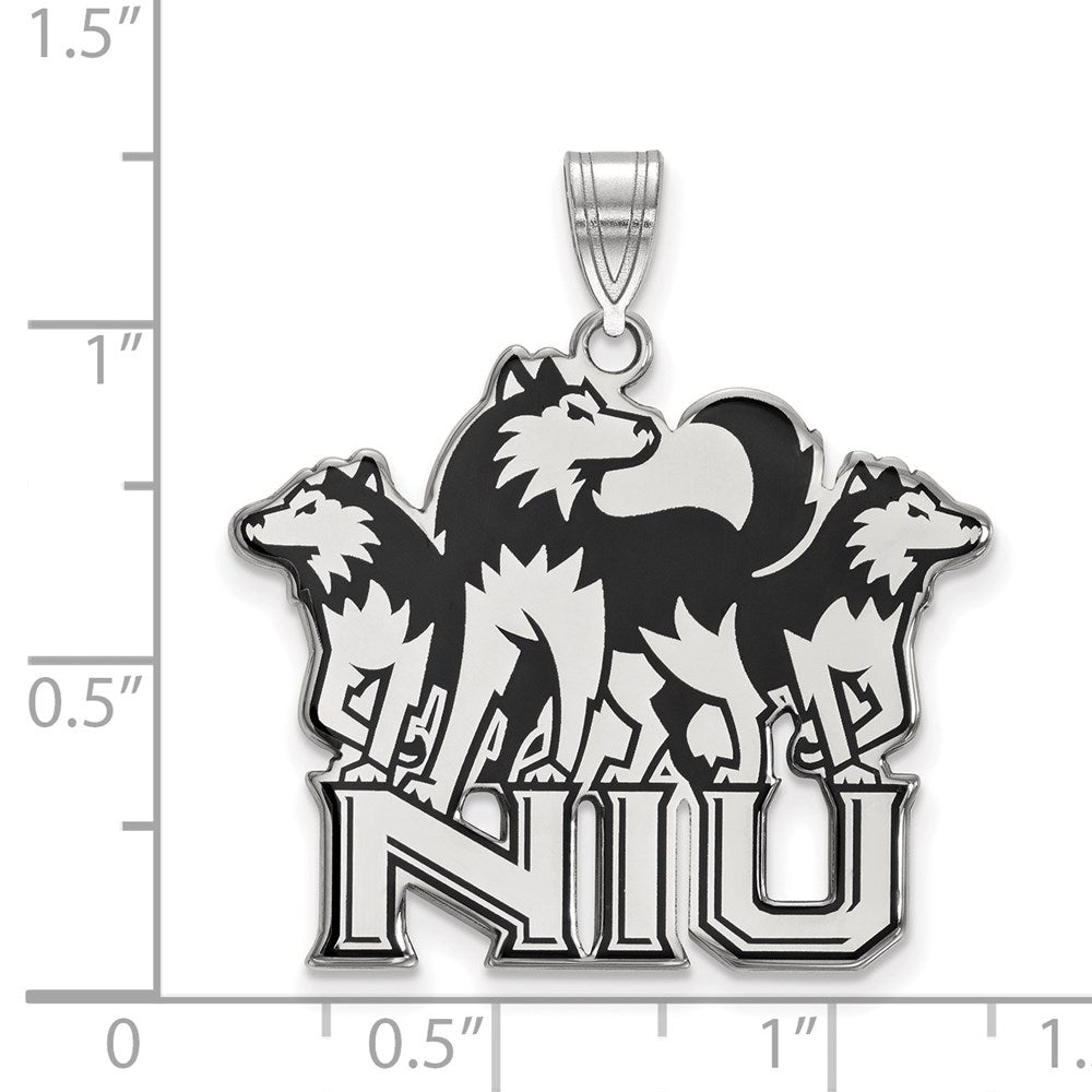 Sterling Silver Rhodium Plated Logoart Northern Illinois University N I U With Huskies Extra Large Enameled Pendant